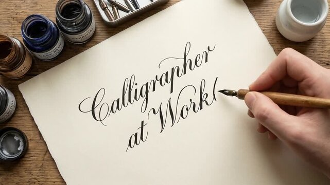 Calligraphy art with dip pen and ink bottle creating elegant handwriting script paper home office for solopreneur creative projects and focused work
