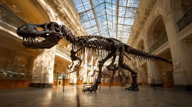 Inside a grand museum hall, a towering dinosaur skeleton sprawls over a floor beneath skylights glow