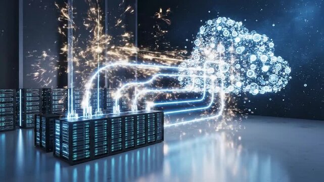 Futuristic Cloud Computing Data Center with Glowing Digital Data Flow and Network Connections