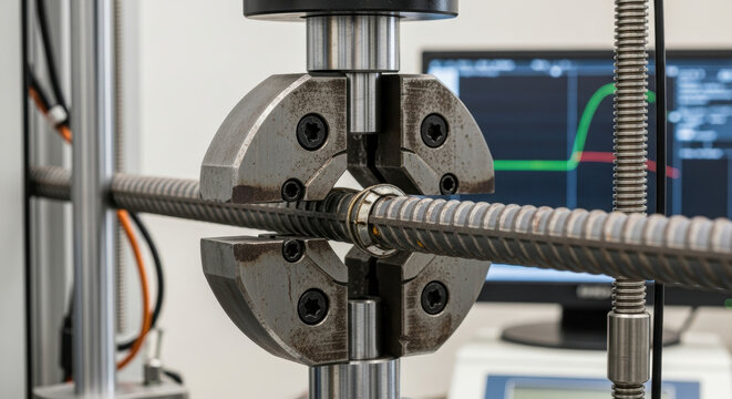 Metal tensile testing machine gripping ribbed reinforcement bar in industrial laboratory, closeup of mechanical strength measurement equipment with computer screen showing stress strain curve