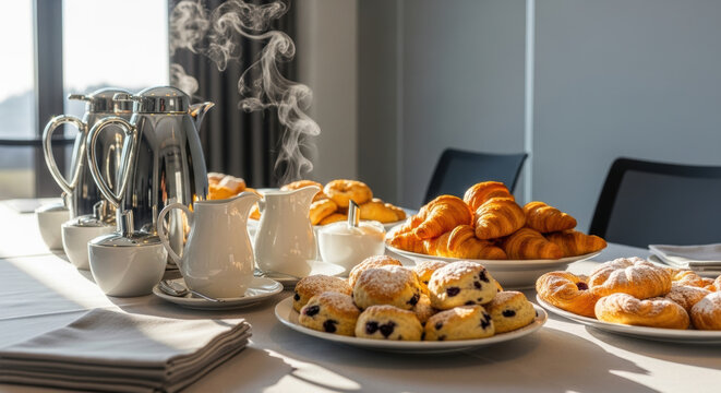 Inviting continental breakfast buffet with steaming coffee, shiny metal pots, white porcelain cups and plates filled with croissants and sweet pastries in bright morning light