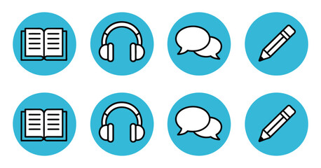 Blue modern education and communication icon set with ranked visual titles for reading, listening, speaking, and writing abilities