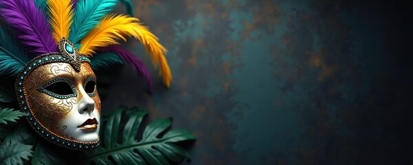 Golden Mardi Gras mask with purple teal yellow feathers and ornate details. Elegant masquerade disguise for Venetian carnival celebration with tropical leaves.