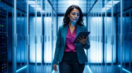 A woman in a server room using a tablet, reflecting on the data in a modern data center. The blue-lit environment creates a futuristic feel.  - Powered by Adobe