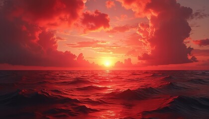 Fiery red ocean waves under dramatic sunset sky filled with dramatic clouds. Sun sets below the horizon creating a blood red sea. The vast ocean surface reflects the intense sky colors.