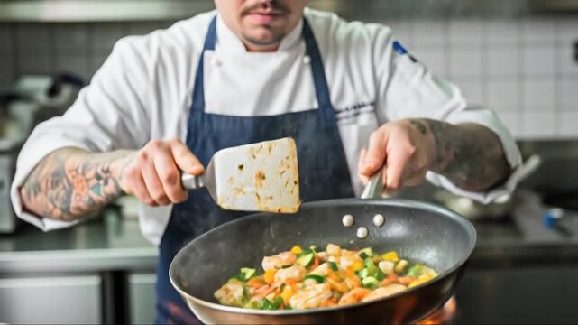 Chef flambeing vegetables and shrimp in a pan, close-up, professional cooking