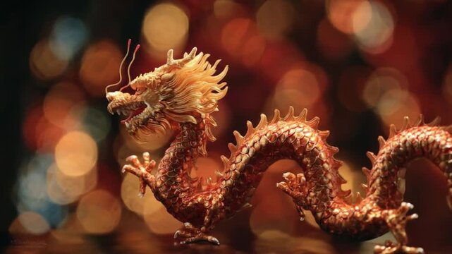 A crimson dragon figurine with jagged scales stands on a wooden surface against warm blurred lights