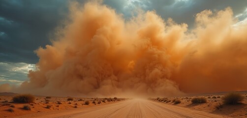 Massive sandstorm approaches on desert road. Extreme weather phenomenon creates orange cloud wall. Barren landscape with sparse brush under dramatic sky.