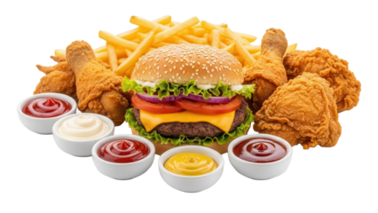 Fast food assortment including beef burger fries chicken and various dipping sauces isolated on white background