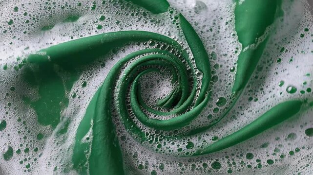 A green fabric is swirling in white soapy water with many bubbles, creating a mesmerizing visual effect.