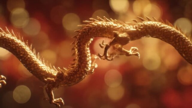 Golden, coiled dragon sculpture, glistening scales amid warm bokeh lights and soft evening-lit glow