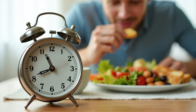 Man eats healthy food near alarm clock. Intermittent fasting concept meal. Time restricted eating plan for weight loss diet. Healthy lifestyle nourishment.
