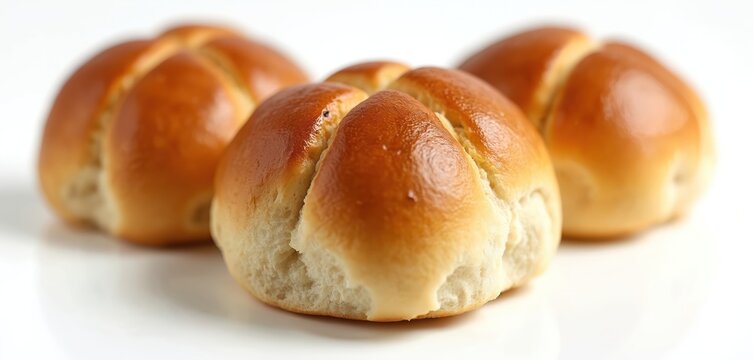 Three golden brown kaiser rolls sit on a clean white surface. These fresh baked goods are perfect for sandwiches, burgers, or as a side dish for meals.