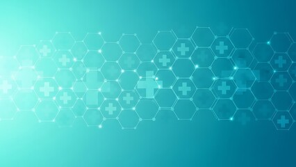 Abstract Medical Technology Background with Hexagonal Patterns and Cross Symbols in Digital Healthcare Design