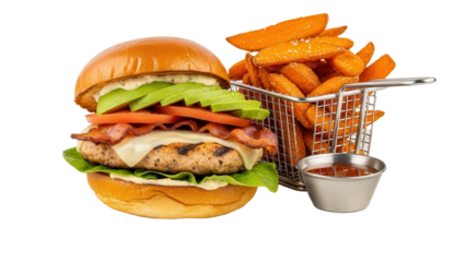 Gourmet chicken burger with avocado and a side of sweet potato wedges isolated on white background