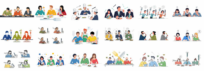 Set of vector illustrations depicting people evaluating, tasting, and reviewing food, representing professional food critics and culinary judges.
