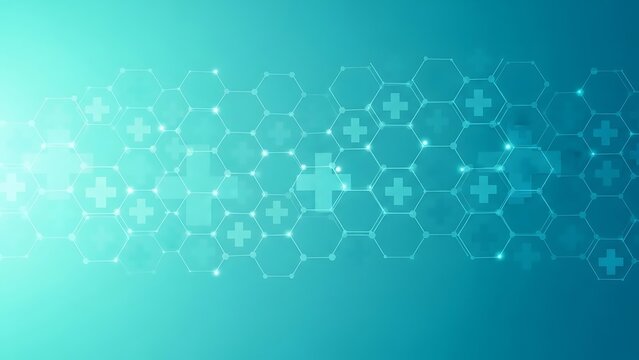 Abstract Medical Technology Background with Hexagonal Patterns and Cross Symbols in Digital Healthcare Design
