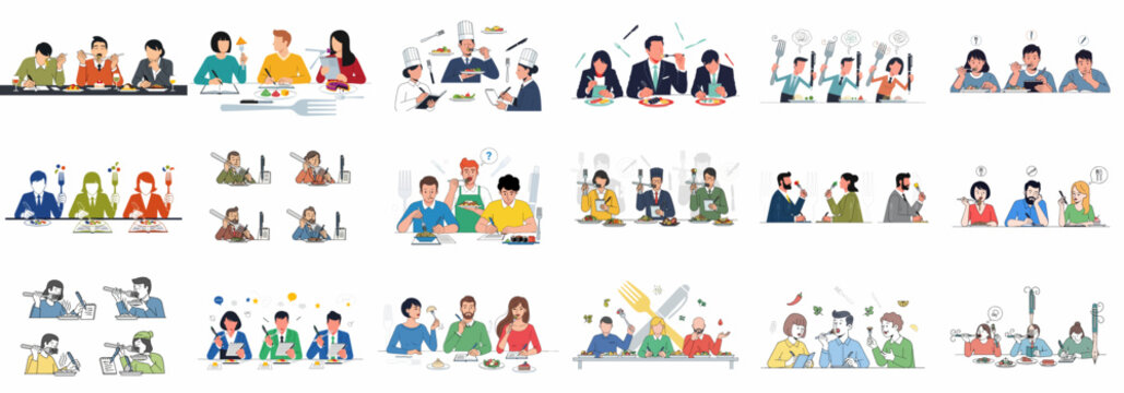 Set of vector illustrations depicting people evaluating, tasting, and reviewing food, representing professional food critics and culinary judges.