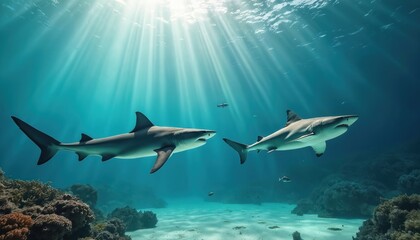 Fototapeta premium Two large sharks swim in clear blue ocean water near coral reef. Sun rays pierce the sea surface creating dramatic light beams. Small fish school swims past.