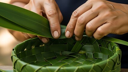 Hands weaving a traditional basket from vibrant green plant leaves