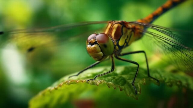 Macro shot of a dragonfly perched on a green leaf, its large eyes, slender legs, and delicate wings