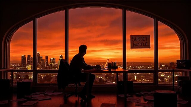 Solopreneur working late in home office with city skyline silhouette at sunset creating focused hustle and inspiring productivity with laptop