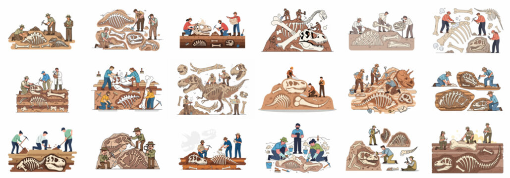 Paleontology illustrations set: Scientists and archaeologists excavating and studying dinosaur skeletons and fossils in dig sites for prehistoric research.