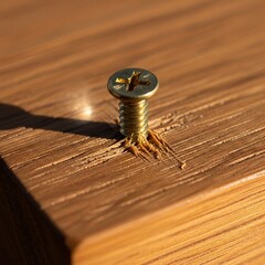 Macro shot showing a screw in a wooden surface with splintering fibers