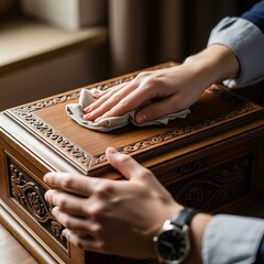 Meticulous cleaning of a hand-carved wooden chest with soft fabric cloth