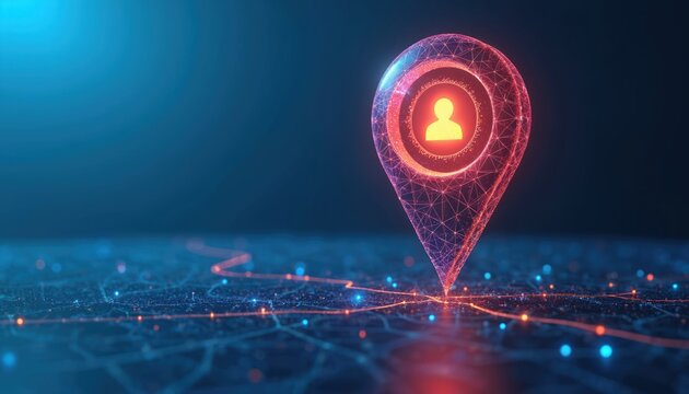 Futuristic wireframe map pin with person icon on glowing digital grid. Location marker shows destination point on abstract network map. GPS navigator symbol creates connection.