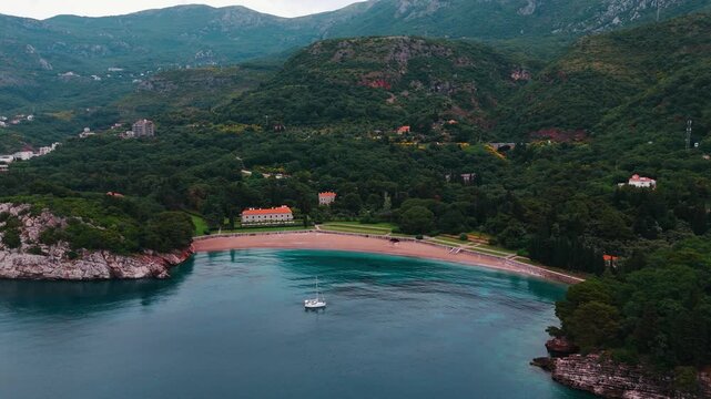 Milocer Beach aerial view in Montenegro