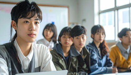 Diverse group of young students attentively listening in a brightly lit classroom during a lesson