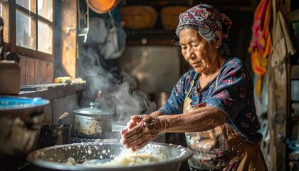 Elderly Asian Woman Preparing Food in a Rustic Kitchen With Steam Rising From a Bowl
