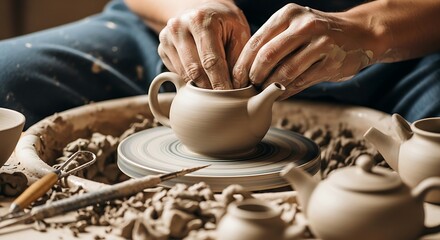 Potter skillfully shapes clay on wheel, creating handmade ceramic teapots