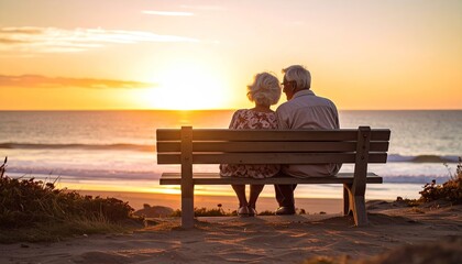 Elderly Couple Sits on a Bench Overlooking the Ocean at Sunset Golden Hour Warm Light