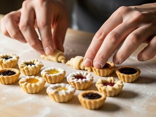 Preparing homemade fruit tarts and shaping dough into miniature croissants
