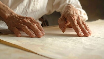 Elderly Hands Gently Rolling Out Dough With Flour Dusting A Rustic Wooden Tabletop In Soft Natural Light