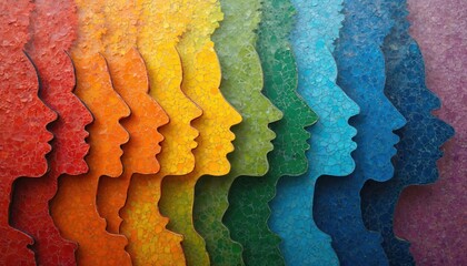 Colorful mosaic profiles in a row represent diverse groups and cultures. These abstract faces show different needs and preferences with varied textures.
