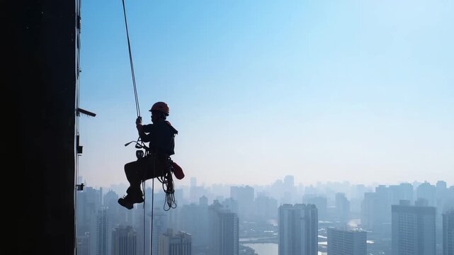 Generative AI. Worker in safety gear is rappelling down a skyscraper, showcasing urban maintenance skills against a backdrop of a sprawling city skyline and clear blue sky