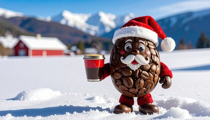Festive Coffee Bean Character Wearing Santa Hat and Holding Hot Beverage in Snowy Winter Landscape with Red Barn and Mountains