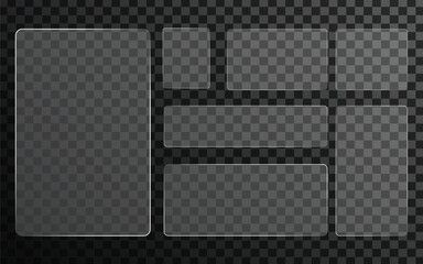 Glassmorphism UI panels set with rounded corners on transparent background, modern frosted glass interface layout elements for web, app, and UX design.
