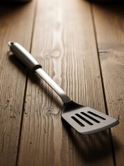 Sleek metal spatula on weathered wood, culinary tool spotlighted