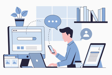 Man Engaged in Online Work with Laptop, Smartphone, and Digital Tools