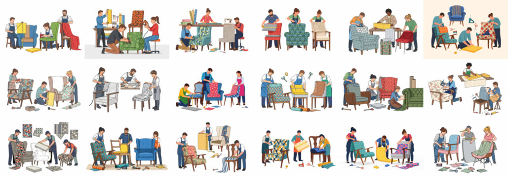 Skilled upholsterers working diligently on various chairs, using tools and colorful fabrics for furniture restoration and renovation projects.