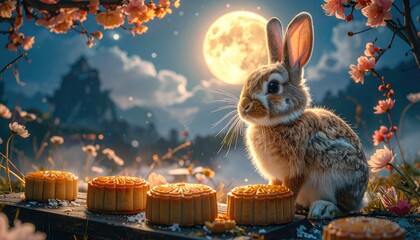 Fluffy rabbit sits beside mooncakes under a full moon with blooming cherry blossoms and distant mountains a magical mid autumn festival scene