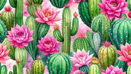 a vibrant illustration of pink flowers and green cactus plants against a soft pink background
