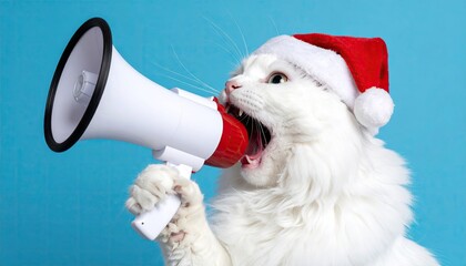 Fluffy White Cat Wearing Santa Hat Shouting Through Megaphone Against Bright Blue Background Announcing Holiday Greetings