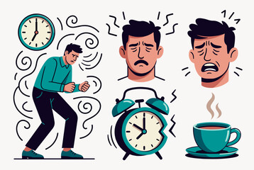 Stressed Man Rushing Against Time in Early Morning with Coffee