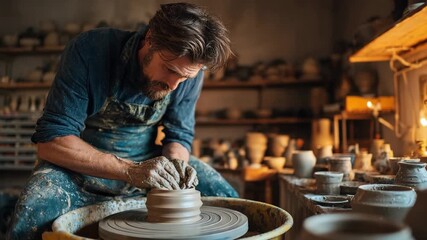 Generative AI. Male potter skillfully shaping clay on a pottery wheel in a cozy workshop, surrounded by handmade ceramics and warm ambient lighting, showcasing artistic craftsmanship - Powered by Adobe