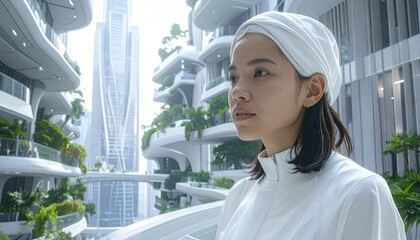 Futuristic Cityscape With Woman Wearing White Headscarf Amidst Greenery And Modern Architecture